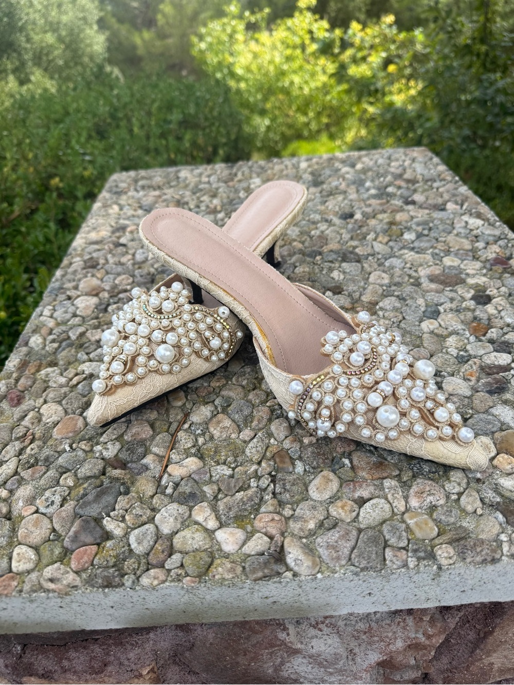 Vintage Style Pearl & Lace Kitten Heel Mules